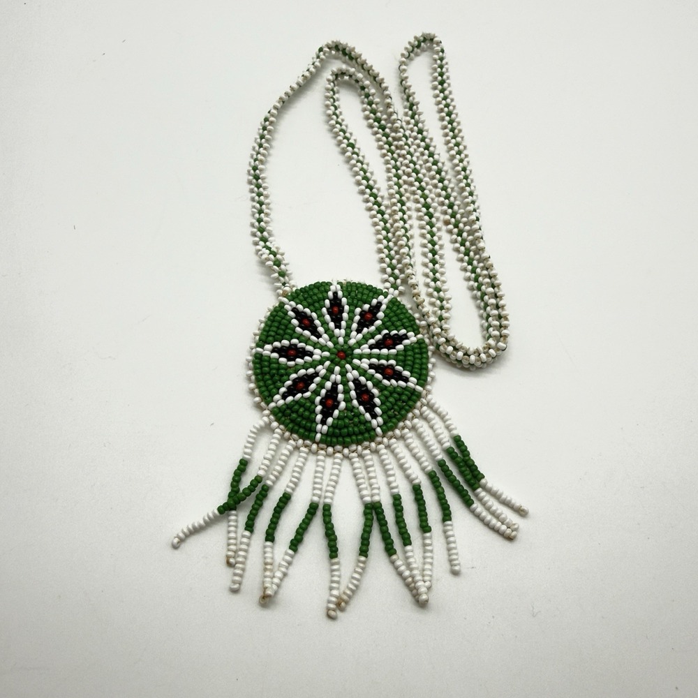 Handmade Native American Seed Bead Necklace Green White Red Black Star 16" L